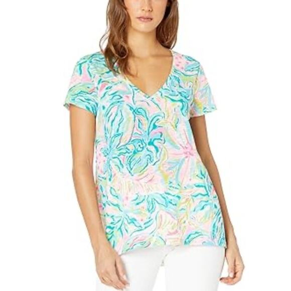 Lilly Pulitzer Blue & Pink Floral Etta T-Shirt Size Medium One In A Melon Print - Picture 1 of 6